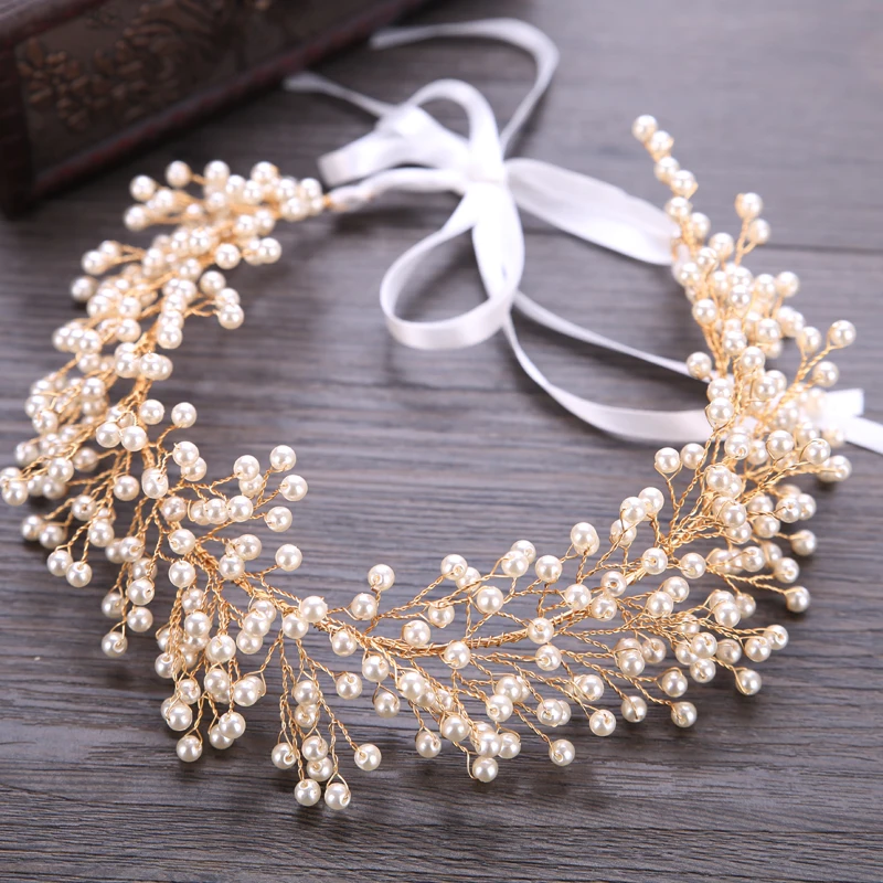 

Bridal Pearl Headband Hair Jewelry Wedding Tiara Gold Hair Accessories Women Headbands With Yarn Leaf Headdress