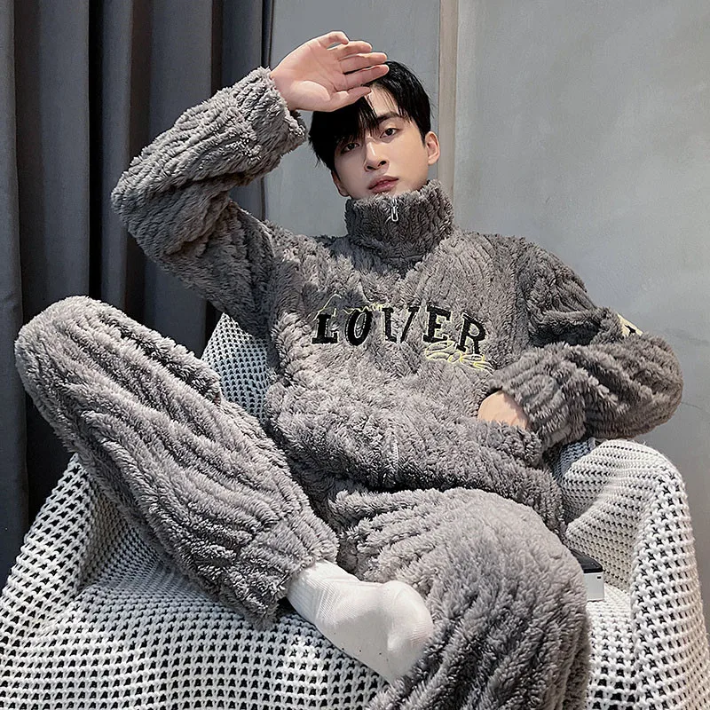 QUHENG Winter Man Collar Pajamas Set Warm Flannel Home Clothes Coral Fleece Sleepwear Thick Warm Nightwear Large Size Pyjama