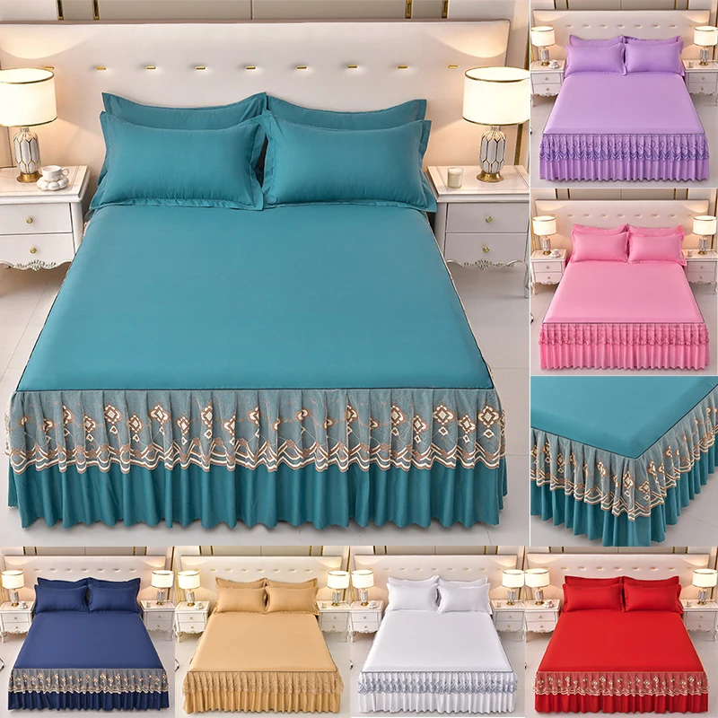 

Lace Bed Skirt Luxury Princess Girl Bedspread Queen King Size Spring Fitted Sheets Bed Mattress Cover Retro Bedding with Skirt