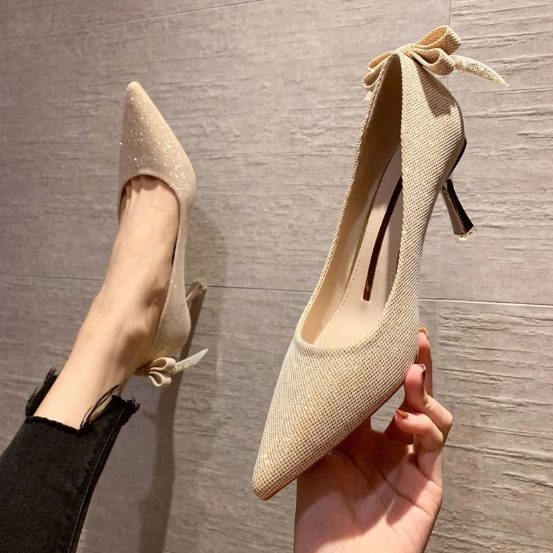 

High-heeled female thin heel new bridesmaid banquet shoes fashion pointy sequins temperament single shoes