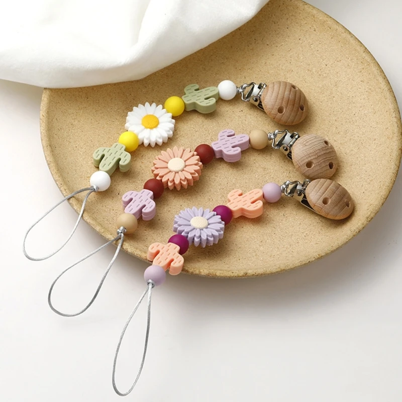 

Cute Flower Silicone Pacifier Clip for Baby Girl Boy Wood Soother Chain Holder Babies Newborn Teething Toy Shower Gift