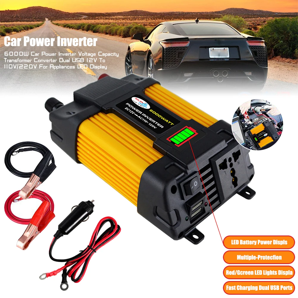 

Автомобильный инвертор напряжения 6000 Вт 4000 Вт светодиодный трансформатор с дисплеем емкости 12 В в 110 В/220 В инвертор с двумя USB-портами для ав...