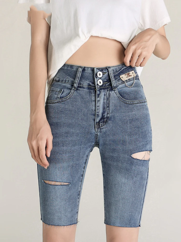 

Fashion Double Button Skinny Denim Shorts for Women Summer High Waist Slim Fit Ripped Holes Ladies Jeans Shorts