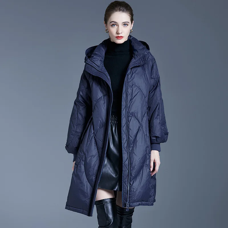 2022 Autumn/winter fashion quality cold proof warm and loose temperament simple medium length hooded down jacket women