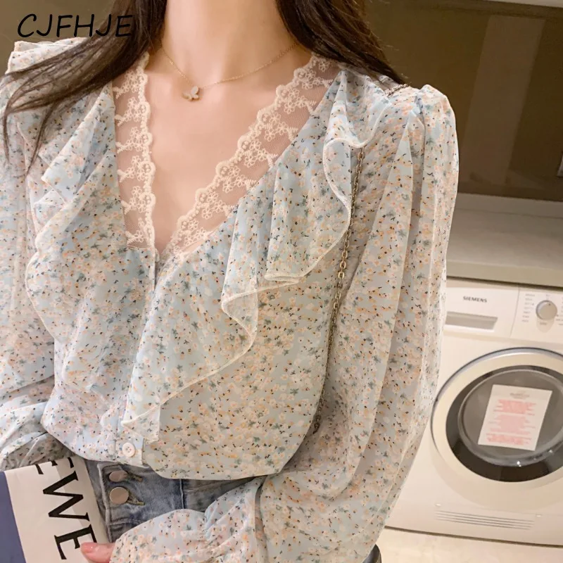 CJFHJE весенний французский милый женский кружевной шифоновый топ с V-образным
