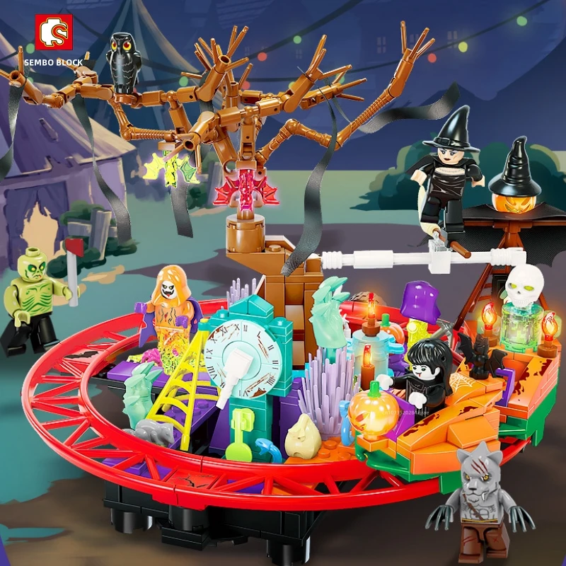 

SEMBO BLOCK Tricky Magic Night Series Building Blocks Train Paradise Halloween Scene Assembly Model Ornament Puzzle Gift