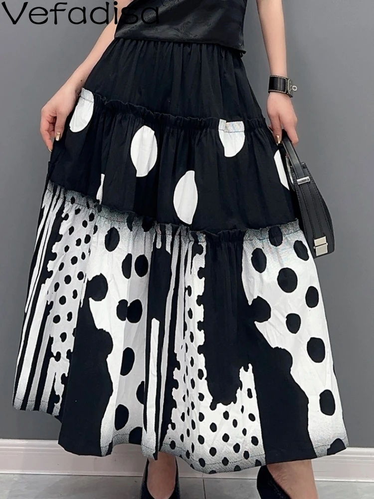 

Vefadisa2023 Summer New Women Polka Dot Printed Color Blocked Half Skirt Personalized Casual Trendy Girl Cute Black Skirt ZY1577