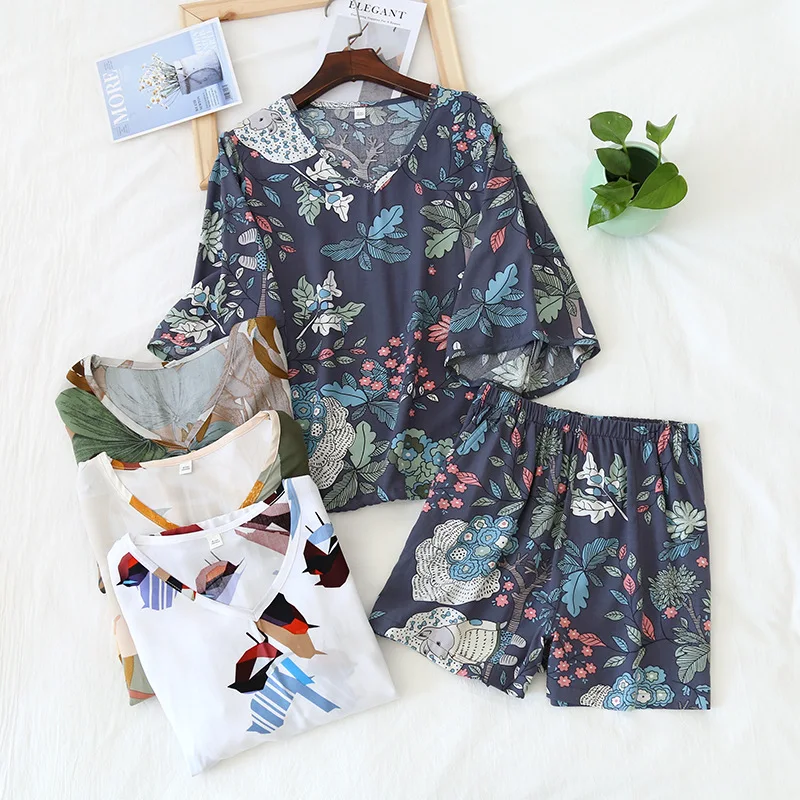 Summer Pajamas Set Women's Rayon Seven-point Sleeve Shorts Two-piece Set Fresh Can Wear Short-Sleeve Shorts Sports