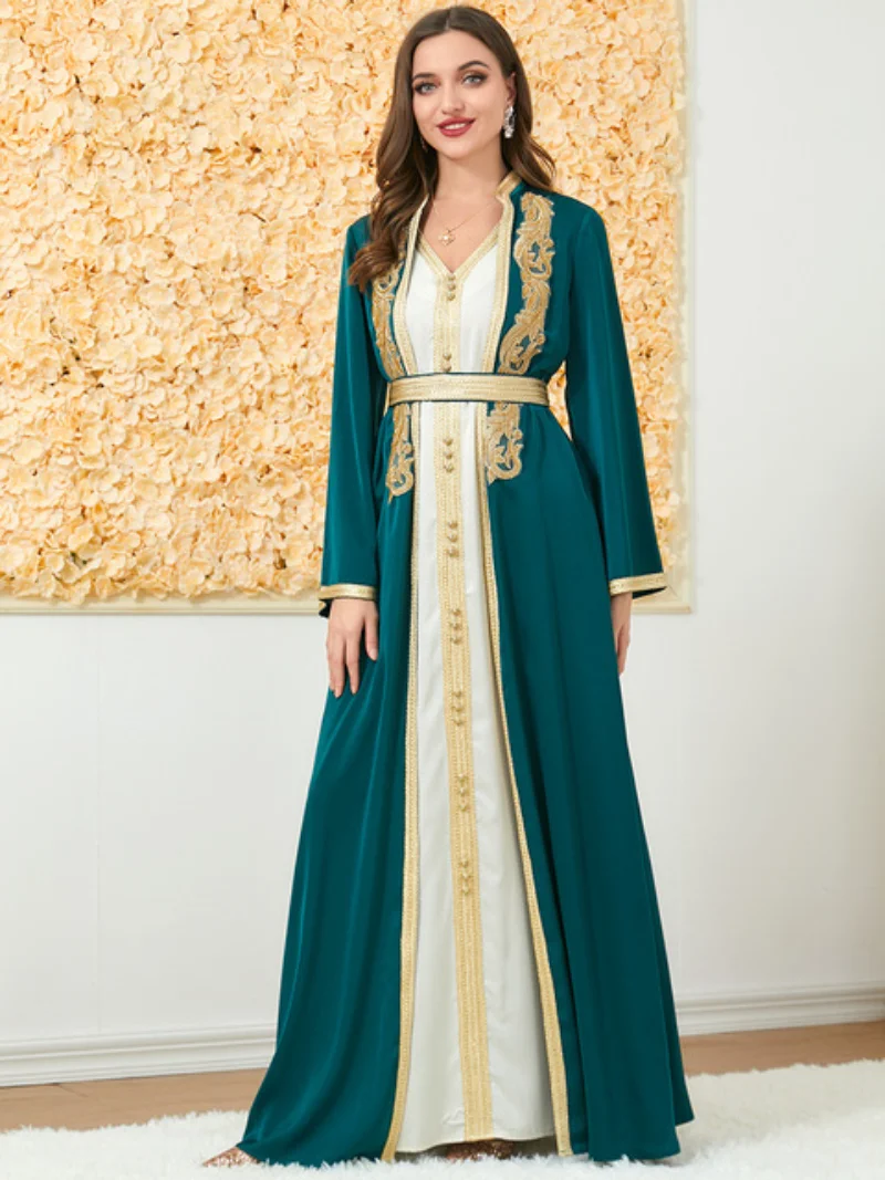 Muslim Fashion Two Piece Jilbab Robe Appliques Winter Abaya And Vest Long Dress Overgarments Islamic Women Moroccan Caftan