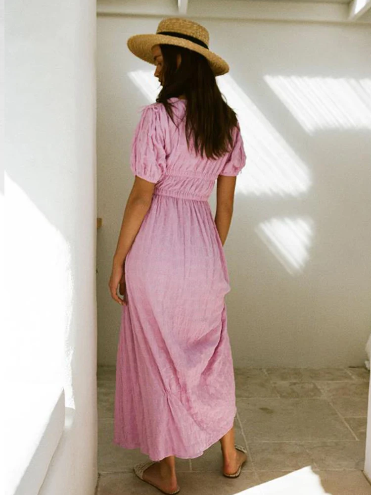 Летние платья Mikydely длиной до щиколотки с пышными рукавами и V-образным вырезом