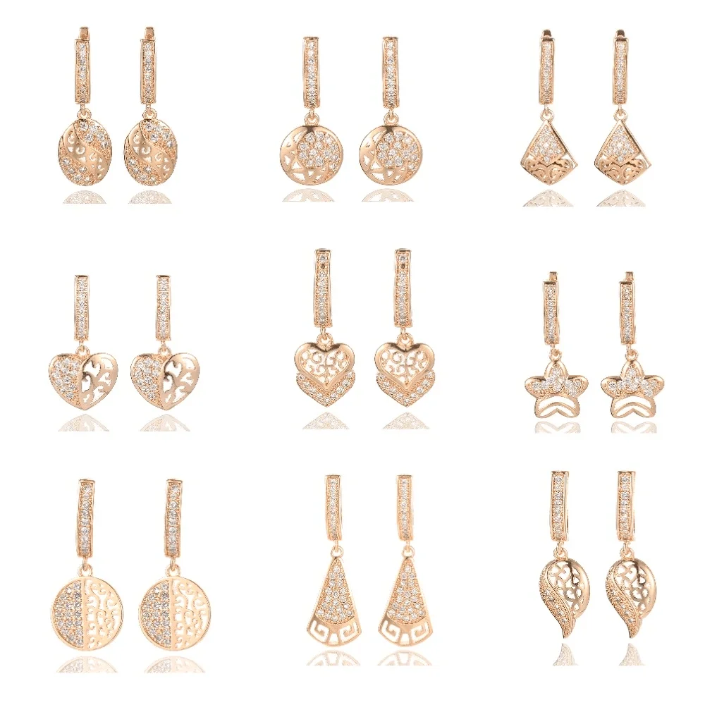 

585 Rose Gold Color Earrings for Women Girls Cut Out Oval Heart Star Cubic Zircon Drop Dangle Earrings 10 styles HGE364