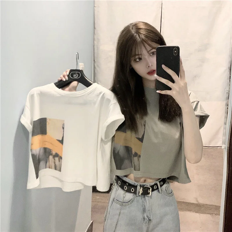 

Summer Women's O-Neck Short Sleeve T-shirt Fashion Navel Show Women's Clothing Tops Printed Patterned Bottoming Shirt