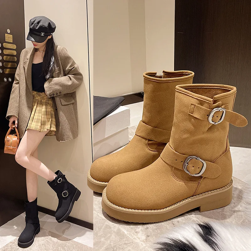 Женские ботинки на плоской подошве осенне-зимние с круглым носком роскошная