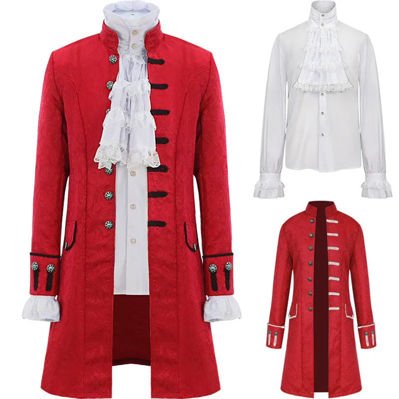 

Renaissance Medieval Steampunk MenTrench Coat and Shirt Set Vintage Prince Overcoat Victorian Edwardian Jacket Cosplay Costume