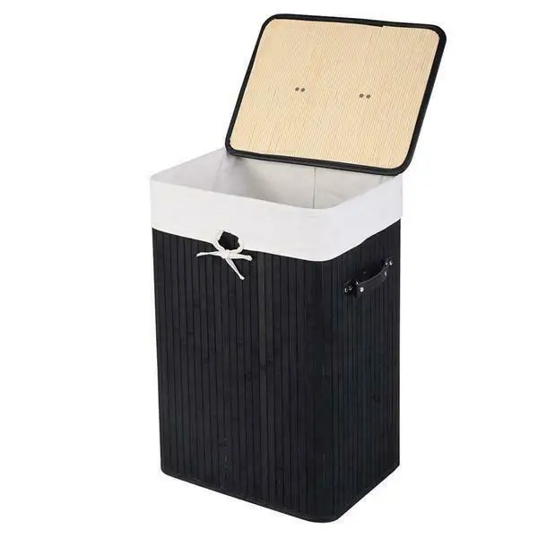 

Single Lattice Bamboo Laundry Hampers Folding Basket Body with Cover Black