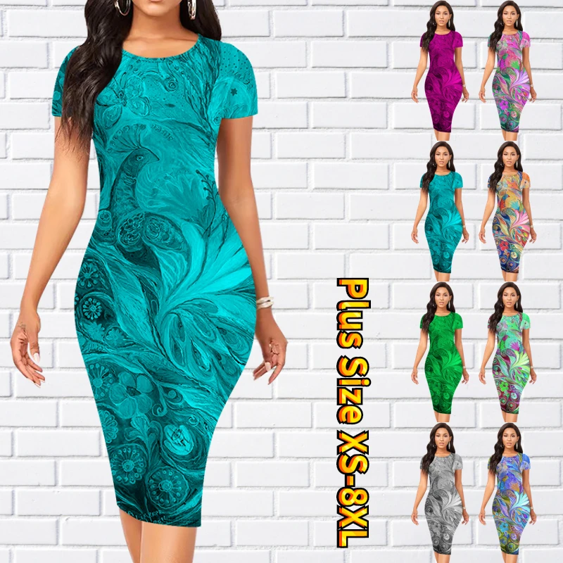 

Женское приталенное платье с коротким рукавом, Элегантное повседневное платье с принтом и круглым вырезом в стиле ретро, лето 2023