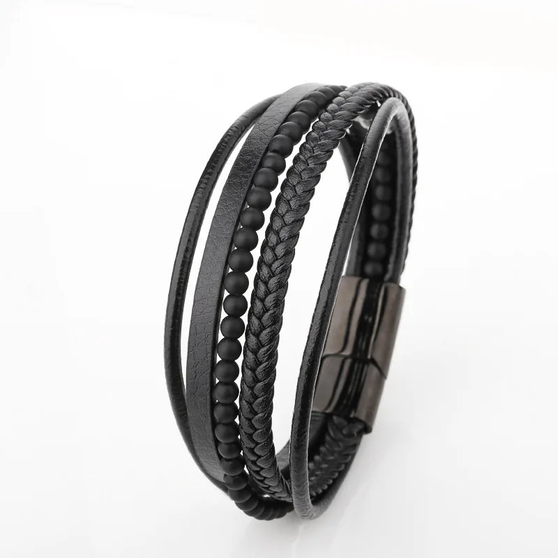

Оптовая продажа, модный браслет из титановой стали и кожи, многослойный браслет с бусинами ручной работы, магнитная пряжка из нержавеющей с...