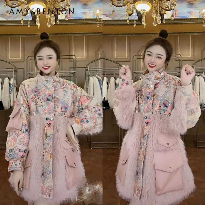 Winter Thick Mid-Length Cotton Jackets Women Contrast Color Lace Leather Patchwork Printed Stand Collar Heavy Industry Wool Coat
