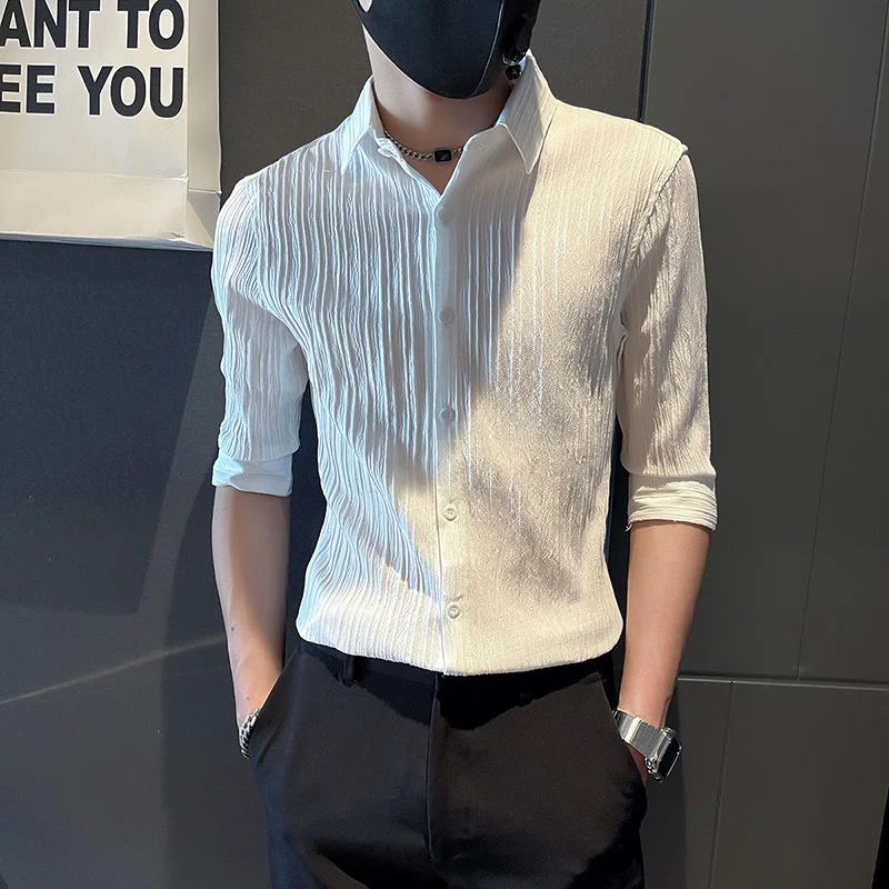

High quality Seven point shirt: male ruffian handsome summer thin half fashion short top slim middle sleeve ice silk