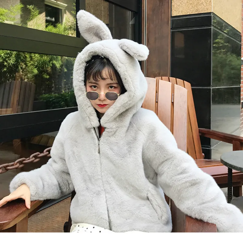 Cartoon Imitation Rabbit Fur Grass Padded Cardigan Fashion Jacket Cute Hooded Faux Fur Rabbit Ears Hooded Fluffy Jacket Women