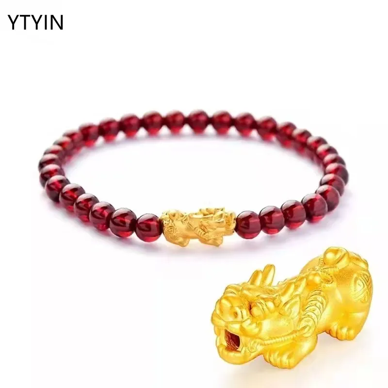 

YTYIN Pure 24K 999 Gold Pixiu Bracelet Handmade Elastic Cord Charm Bracelet With Garnet Beads for Women Fine Jewelry Party Gifts