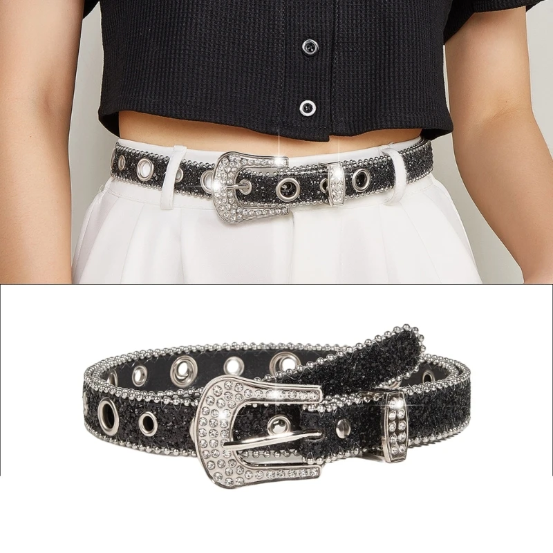 Punk  Belts Woman Locomotive Full Diamond Waist Belts Western Cowgirl Y2K Girls Fashion Belt for Jeans