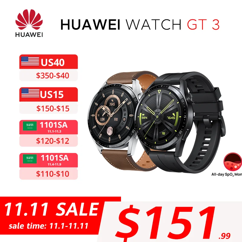 Ceny W Magazynie Globalna Wersja HUAWEI Zegarek GT 3 / GT 3 Pro SpO2 Monitorowanie 1.43 Cali AMOLED 46mm GPS Bluetooth 5.2 Mikrofon