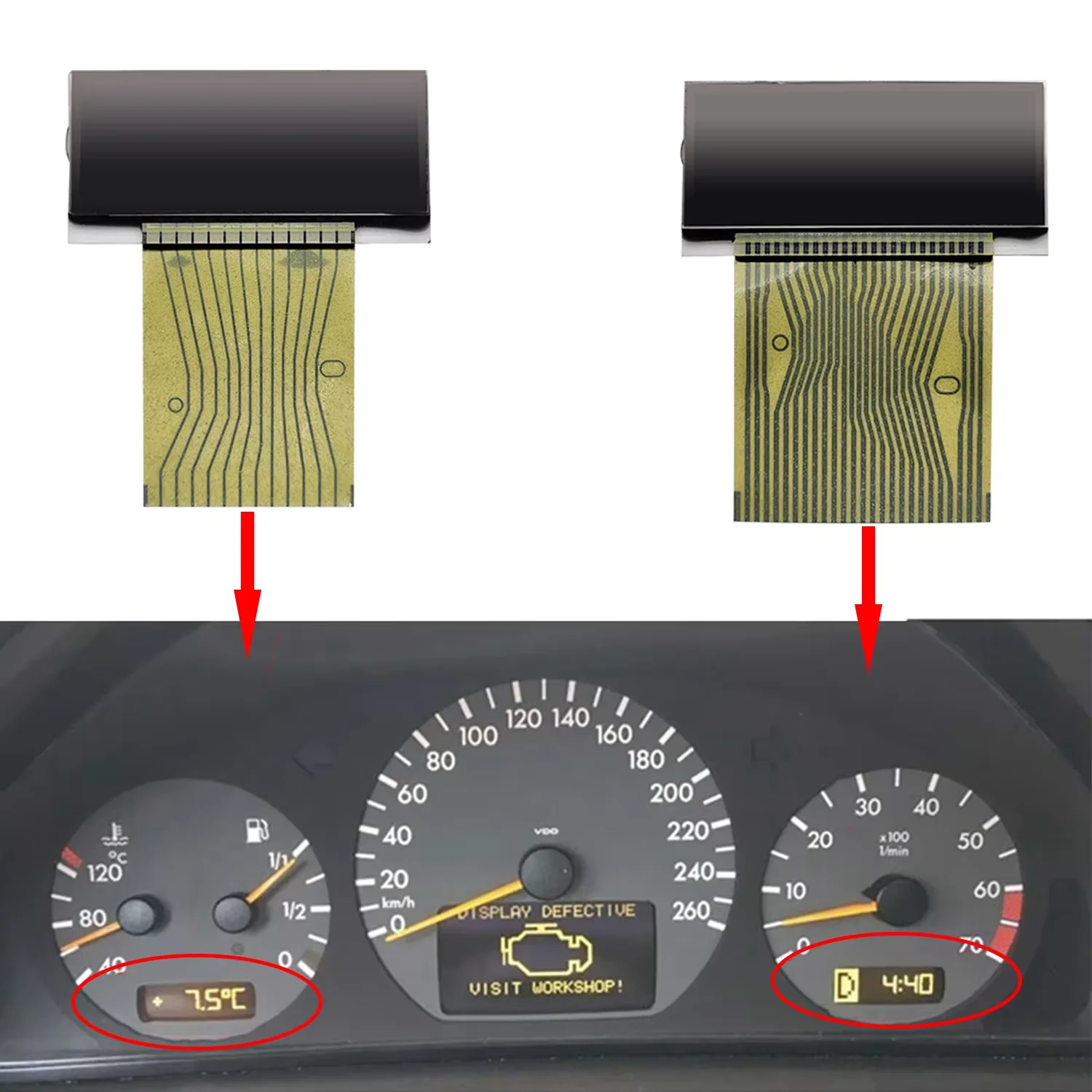 Фото ЖК-дисплей для Mercedes-Benz C-Class (W202)/ E-Class (W210)/ CLK-Class (W208)/SLK-Class (R170, 1998-2002) — приборная панель №1