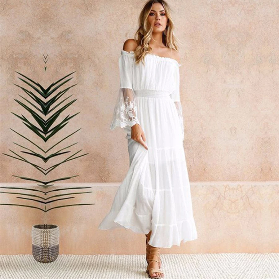 

TEELYNN long boho dress white sexy off the shoulder beach sundress Flare long sleeve splice lace women dresses summer vestidos