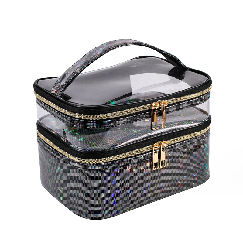 

Laser Transparent Double Layer Cosmetic Bags Portable Essential Oil Carry Bag Travel Makeup Brush Storage Box Organizer Handbags