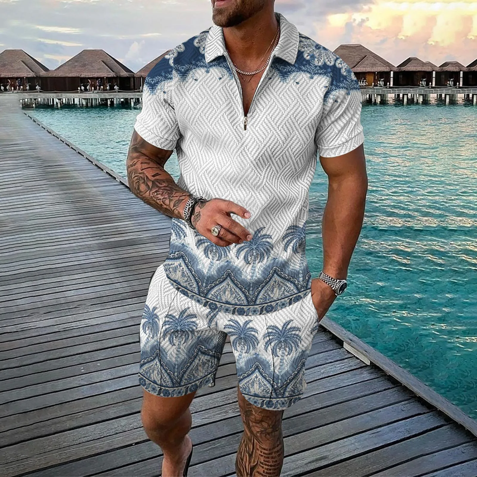 Men's Two Piece Set Summer Clothing Hawaii Palm-tree Fashion Polo Shirt Set Business Style Outfit Golf Vintage Tracksuit Sports