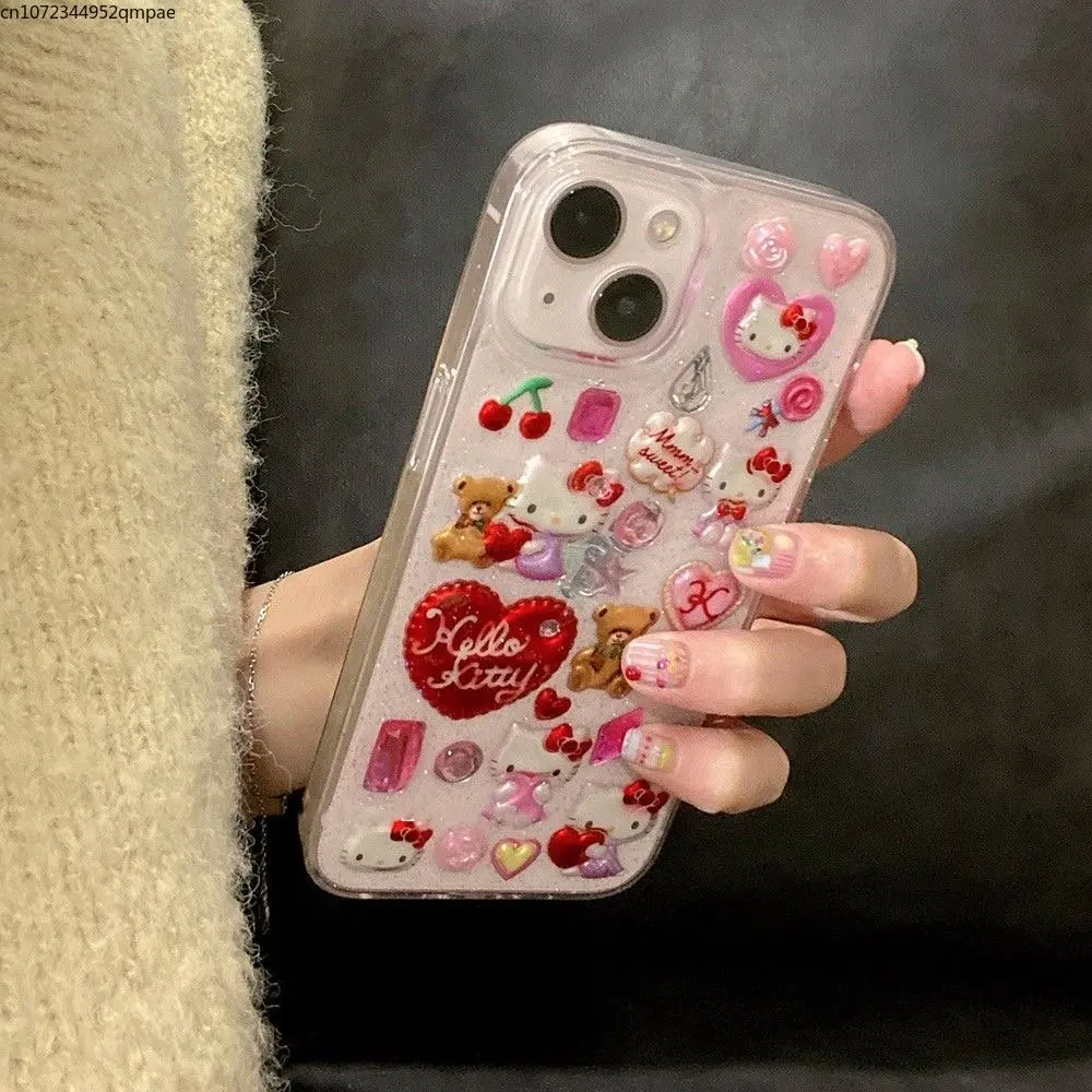 3D Sanrio Hello Kitty Sticker Glitter Phone Case for IPhone 11 12 13 14 Pro Max 14 Pro Y2k Girl Anti-drop Soft Back Cover Gift