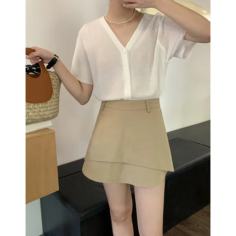 Sexy A-line Short Skirt Harajuku Simple Summer Korean Version of High-waisted Slim-fit Women's Mini Skirt Denim Khaki Skirt