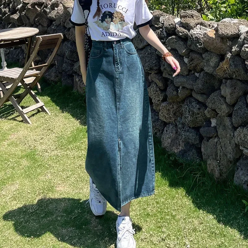 

Xpqbb Summer Women's Denim Midi Skirt Korean High Waist Front Slit Long Skirts Women Y2K Streetwear Casual Loose Straight Skirt