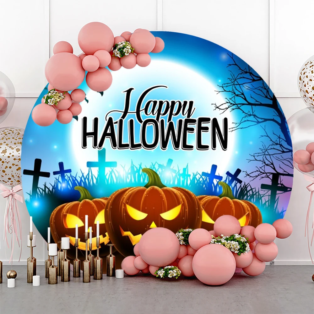 

Happy Halloween Round Backdrop for Photography Full Moon Pumpkin Lantern Bat Cemetery Castle Baby Portrait Photo Background