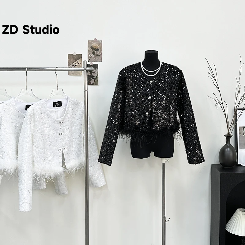 

[ZD Studio] короткое пальто знаменитости, толстое твидовое пальто с блестками и меховыми краями, весна 2023