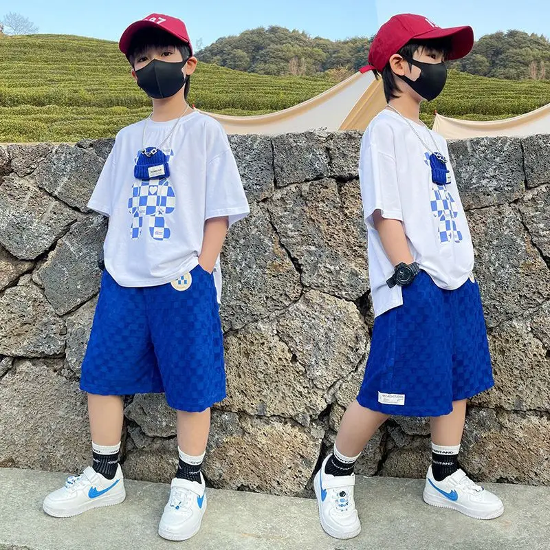 

2023 New Boy Set kid Boys Suit Cotton Summer Casual Outing Clothes Top Shorts 2PCS Clothing for Children's 5-14 years