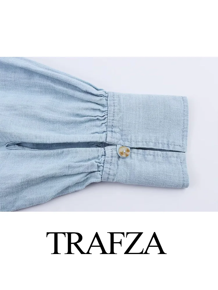 Фото TRAFZA летние женские модные рубашки с отложным воротником и длинными рукавами + тонкие карманы на молнии и пуговицах, прямые брюки, джинсовый комплект из 2 предметов №3