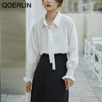qoerlin turn down collar bowtie white shirt womens 2022 spring new retro loose long sleeve top flare sleeve blouse