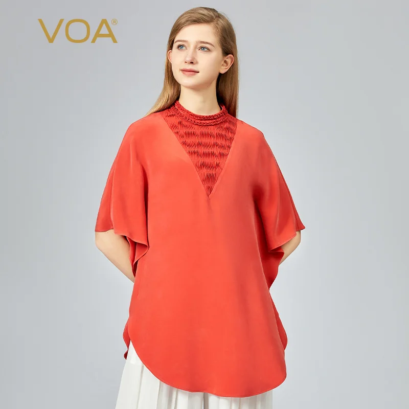 

VOA 30m/m Heavyweight Silk Red Half Turtleneck Short Sleeve Tuck Pleated Age-reducing Skin-friendly All-match Silk T-shirt BE990