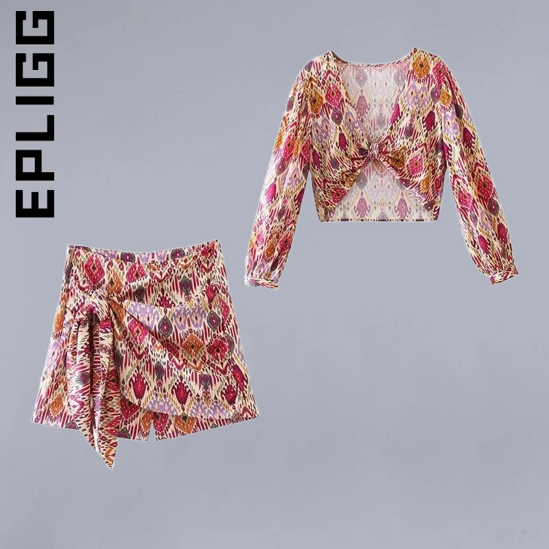 

Epligg Women Set Fashion Slim Tops And Skirt Sexy Short Skirt Sets Elegant Two Piece Set Vintage Lady Women Tracksuit Set