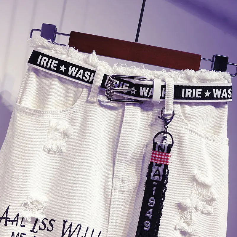 Женская длинная джинсовая юбка белая с буквенным принтом модная большого