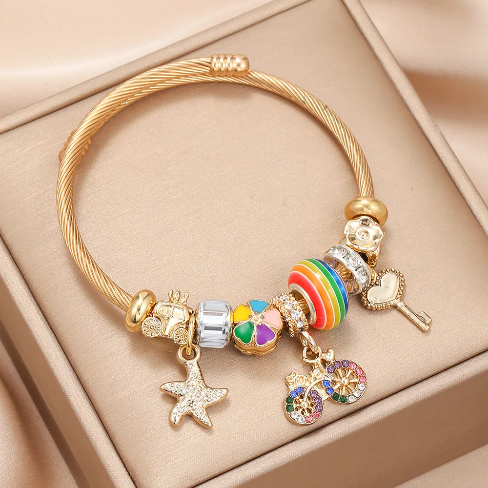 

Cute Rainbow Beaded DIY Bangles Stainless Steel Wire Crystal Key Pendant Women Cuff Bracelets Bangles