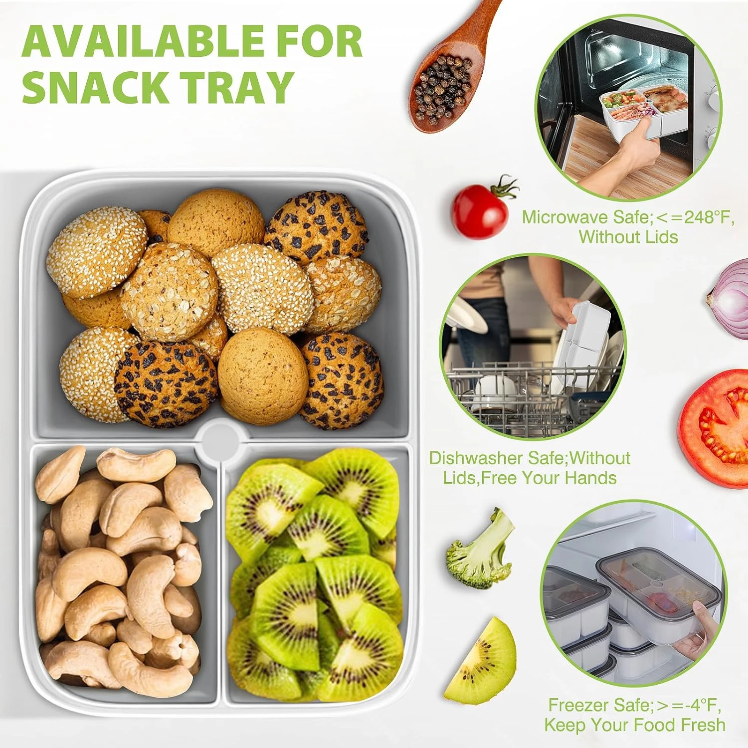 ® Veggie Tray with Lid Divided Serving Container Removable Compartments for Food of Fruits/Vegetables/Snacks DISH