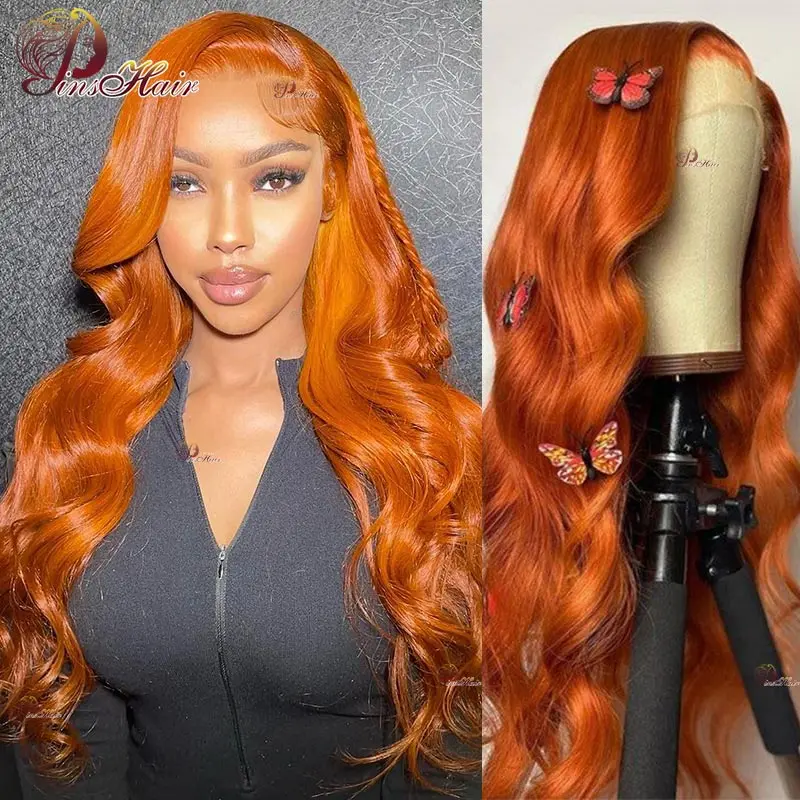 Ginger Brown Lace Front Human Hair Wigs Orange Colored Body Wave 13x4 Transparent Lace Front Wig Pre Plucked Remy Human Hair 180