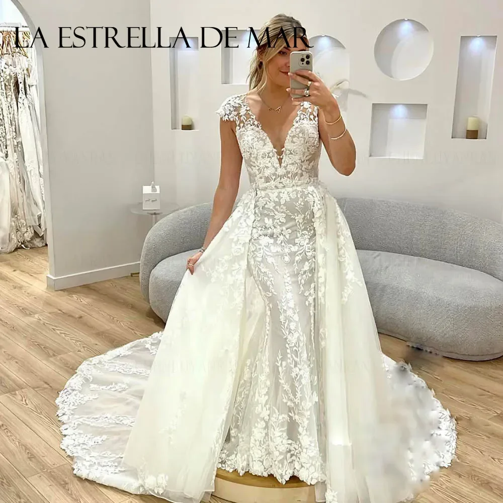 Фото Изысканные свадебные платья-русалки для женщин: длинное платье невесты с V-образным вырезом, кружевными аппликациями, съемным шлейфом, цвета слоновой кости, на заказ для особых случаев №1