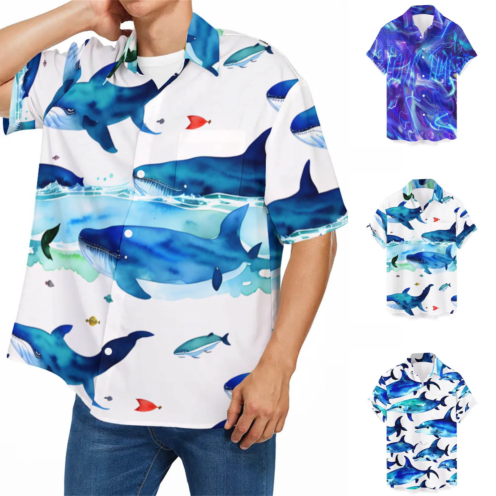 

Men Fashion Spring Summer Casual Short Sleeve Turndown Neck Printed T Shirts Top Blouse Loose Handsome Men
