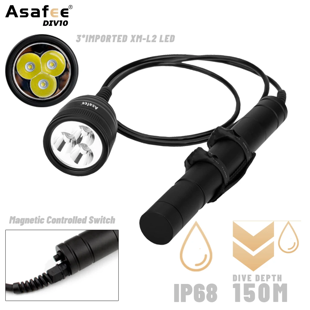 Asafee DIV10 Canister Scuba IPX8 Diving Light Torch 10 Degree XM-L2 U4 Waterproof LED Dive Light Canister Dive Primary Light