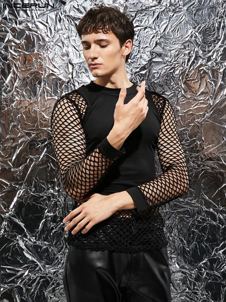 

Casual Hot Sale Men's Tops INCERUN Fashion Solid Back Cross Stitching Camiseta Sexy Breathable Mesh Long-sleeved T-shirts S-5XL