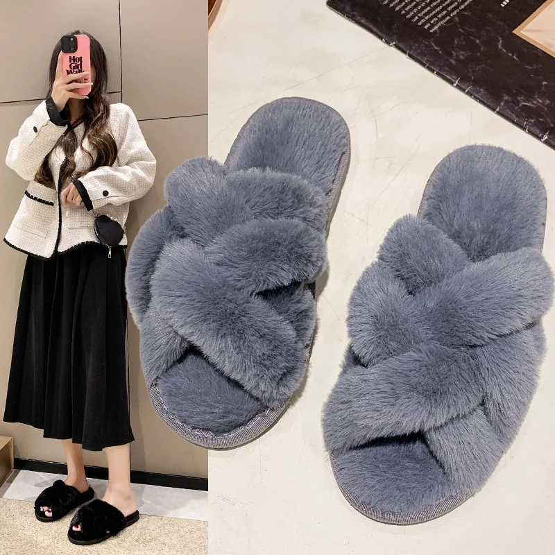 

Winter Woman Slipper Flock Fur Shoes Pantofle Slides Fashion Low Plush Massage 2022 Luxury Flat Rubber with fur Basic Rome